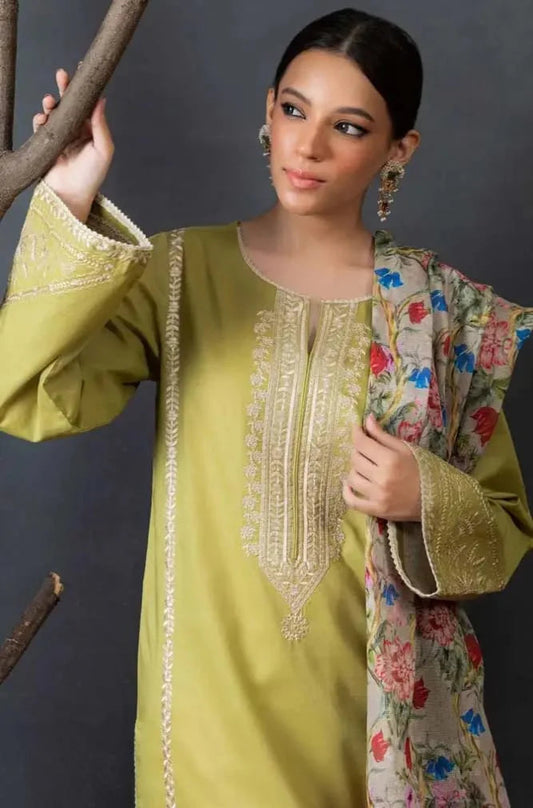 3 PC EMBROIDERED LAWN WITH DIGITAL PRINTED KHADI NET DUPATTA-JC1001